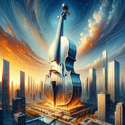 The primary subject of the image is a large, futuristic violin. It is prominently displayed in the foreground, with a cityscape in the background. The visual style of the image is digital art, giving it a unique and artistic appearance. The colors and mood of the image are vibrant and energetic, with the violin and cityscape creating a sense of excitement and creativity.